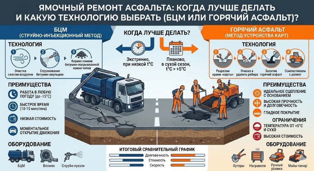 Ямочный ремонт асфальта: когда лучше делать и какую технологию выбрать (БЦМ или горячий асфальт)?